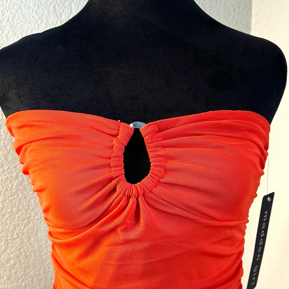 Madden Girl Vibrant Orange Strapless Bodycon Midi Dress - Picture 4 of 6